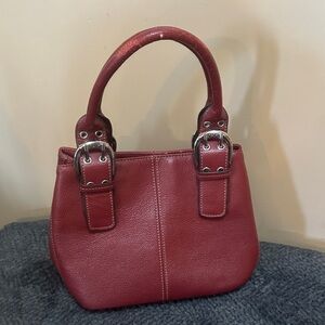 Tignanello Cherry Red Pebbled Leather Shoulder Bag with Buckle Accents